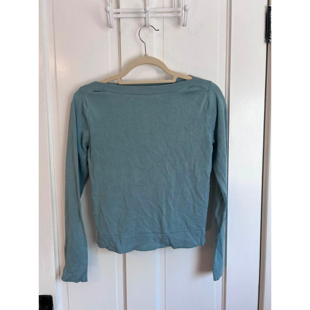 WilliSmith Collection Silk Knit Top Womens Medium Blue Boat Neck Ruffle Hem